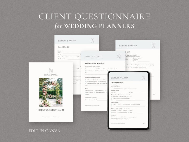 May include: A set of five printable wedding planner questionnaires in a modern, minimalist style. The questionnaires are titled "Client Questionnaire for Wedding Planners" and include sections for "Basic Details", "Wedding Style & Aesthetic", "The Ceremony", "The Reception", and "Budget".