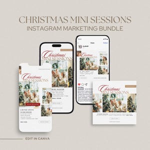 May include: A digital marketing bundle for Christmas mini sessions, featuring mockups of Instagram posts and stories. The design includes the text "Christmas Mini Sessions" and details about the photo session.