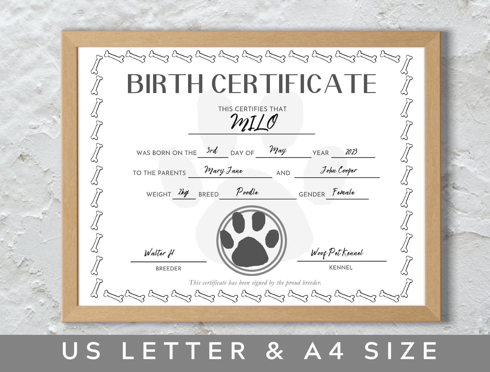 Minimalist Puppy Birth Certificate Printable Dog Birth Certificate Editable, Pet Birth ...