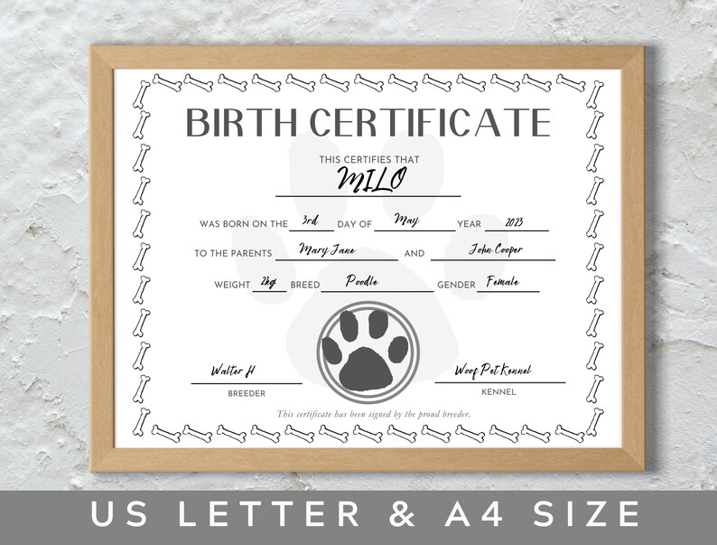 Minimalist Puppy Birth Certificate Printable Dog Birth Certificate ...