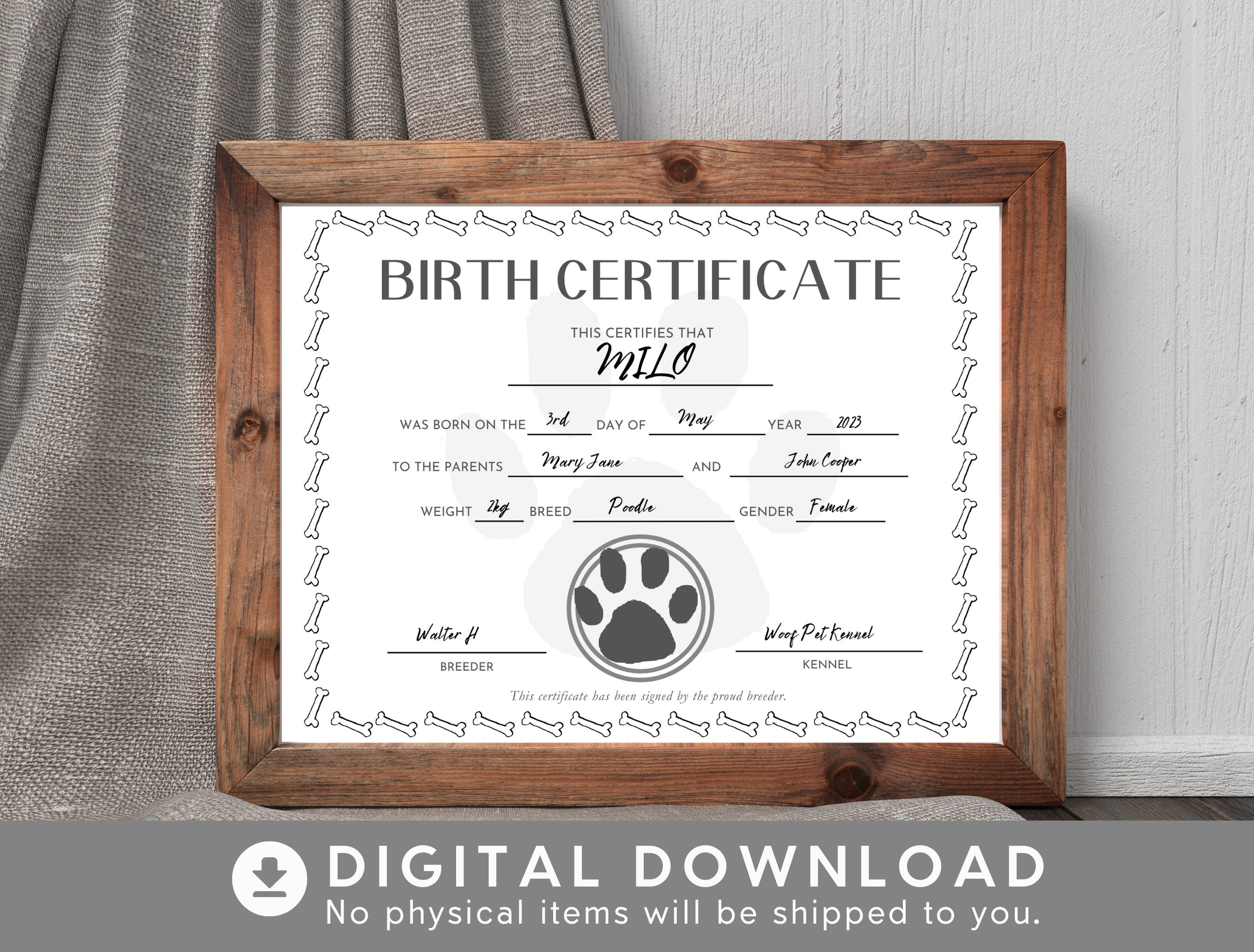 Minimalist Puppy Birth Certificate Printable Dog Birth Certificate Editable, Pet Birth ...