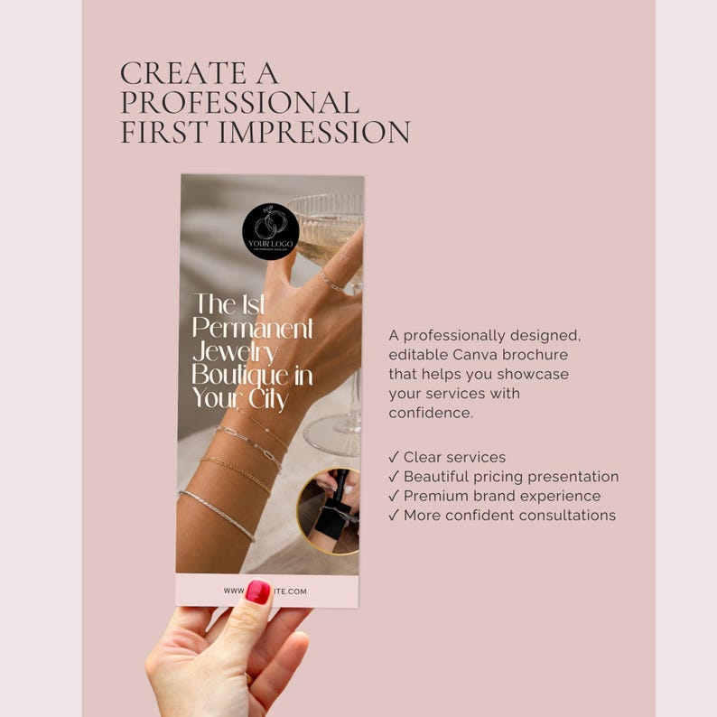 Puede incluir: Una plantilla de folleto de marketing digital para una boutique de joyer&iacute;a permanente. El dise&ntilde;o presenta el texto CREATE A PROFESSIONAL FIRST IMPRESSION, The 1st Permanent Jewelry Boutique in Your City y enumera beneficios con marcas de verificaci&oacute;n.
