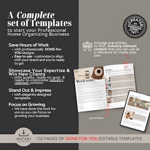 Puede incluir: Imagen promocional para plantillas de negocios de organizaci&oacute;n del hogar. La imagen presenta el texto "A Complete set of Templates" y "132 Pages of Done-For-You Editable Templates". La imagen tambi&eacute;n incluye una tableta y un cuaderno con la palabra "Welcome".