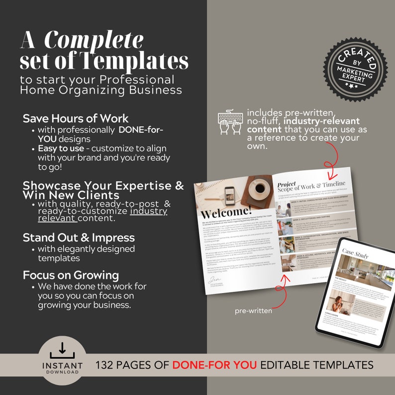 Puede incluir: Imagen promocional para plantillas de negocios de organizaci&oacute;n del hogar. La imagen presenta el texto "A Complete set of Templates" y "132 Pages of Done-For-You Editable Templates". La imagen tambi&eacute;n incluye una tableta y un cuaderno con la palabra "Welcome".
