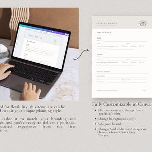 May include: A laptop computer displaying a wedding planning template with the text "Your Details" on the screen. The template is customizable in Canva and includes sections for bride, groom, and mailing address. The image also shows a printed version of the template with the text "Your Details" and the name "Estelle Darcy Wedding & Events".
