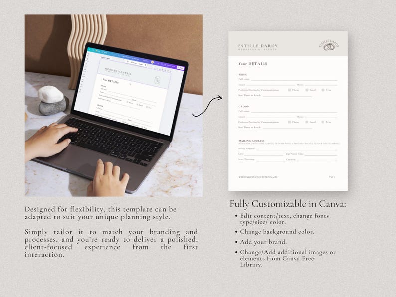 May include: A laptop computer displaying a wedding planning template with the text "Your Details" on the screen. The template is customizable in Canva and includes sections for bride, groom, and mailing address. The image also shows a printed version of the template with the text "Your Details" and the name "Estelle Darcy Wedding & Events".