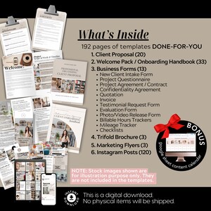 Puede incluir: Descarga digital de plantillas de organizaci&oacute;n profesional. Incluye propuestas de clientes, manuales de incorporaci&oacute;n, formularios comerciales, folletos, folletos de marketing y publicaciones de Instagram. La imagen muestra una variedad de documentos y una pantalla de ordenador.
