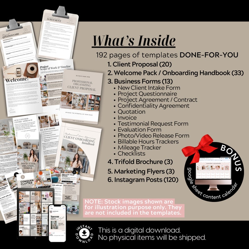 Puede incluir: Descarga digital de plantillas de organizaci&oacute;n profesional. Incluye propuestas de clientes, manuales de incorporaci&oacute;n, formularios comerciales, folletos, folletos de marketing y publicaciones de Instagram. La imagen muestra una variedad de documentos y una pantalla de ordenador.