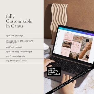 Puede incluir: Un ordenador port&aacute;til que muestra una plantilla de folleto digital en la pantalla, con texto a la izquierda que dice fully Customisable in Canva, upload & add logo, change colors of background and shapes, add/edit content, upload & drag/drop images, mix & match layouts, adjust design / layout y Canva Editing Guide Included.