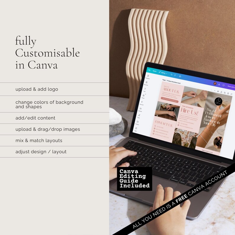 Puede incluir: Un ordenador port&aacute;til que muestra una plantilla de folleto digital en la pantalla, con texto a la izquierda que dice fully Customisable in Canva, upload & add logo, change colors of background and shapes, add/edit content, upload & drag/drop images, mix & match layouts, adjust design / layout y Canva Editing Guide Included.