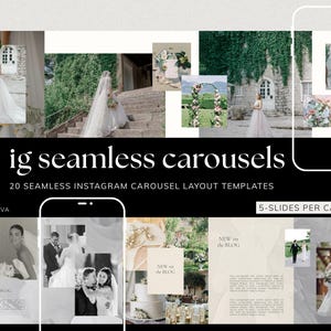 Può includere: Un design digitale con modelli di carosello Instagram a tema matrimonio. Il design include più immagini di spose e sposi, torte nuziali e composizioni floreali. Il testo recita "ig seamless carousels" e "20 modelli di layout di carosello Instagram senza soluzione di continuità."