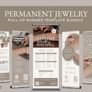 Peut inclure: Ensemble de roll-up publicitaires pour les services de bijoux permanents. Les bannières présentent du texte tel que « Bijoux permanents » et « Bijoux éternels », ainsi que des images de bracelets et de bracelets de cheville. La palette de couleurs est neutre avec des tons beiges et bruns.