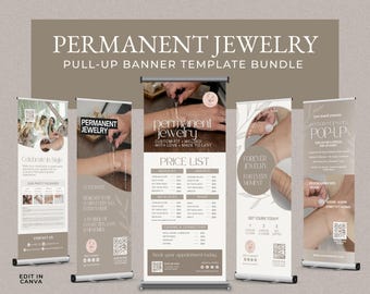 Permanent Jewelry Retractable Banner with Price List, Branding, Pop Up Event, Canva Template for Permanent Jewelry Marketing, Neutral