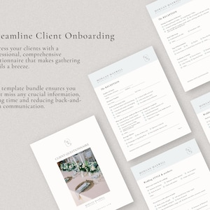 May include: A set of four printable wedding client questionnaires. The questionnaires are titled "The Reception", "Wedding Style & Wishes", and "Client Questionnaire". The questionnaires are designed to help wedding planners gather information from their clients.