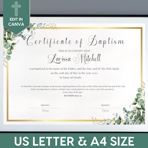 Plantilla de certificado de bautismo editable, certificado de recuerdo de bautismo para la familia, bautismo en agua personalizado del niño