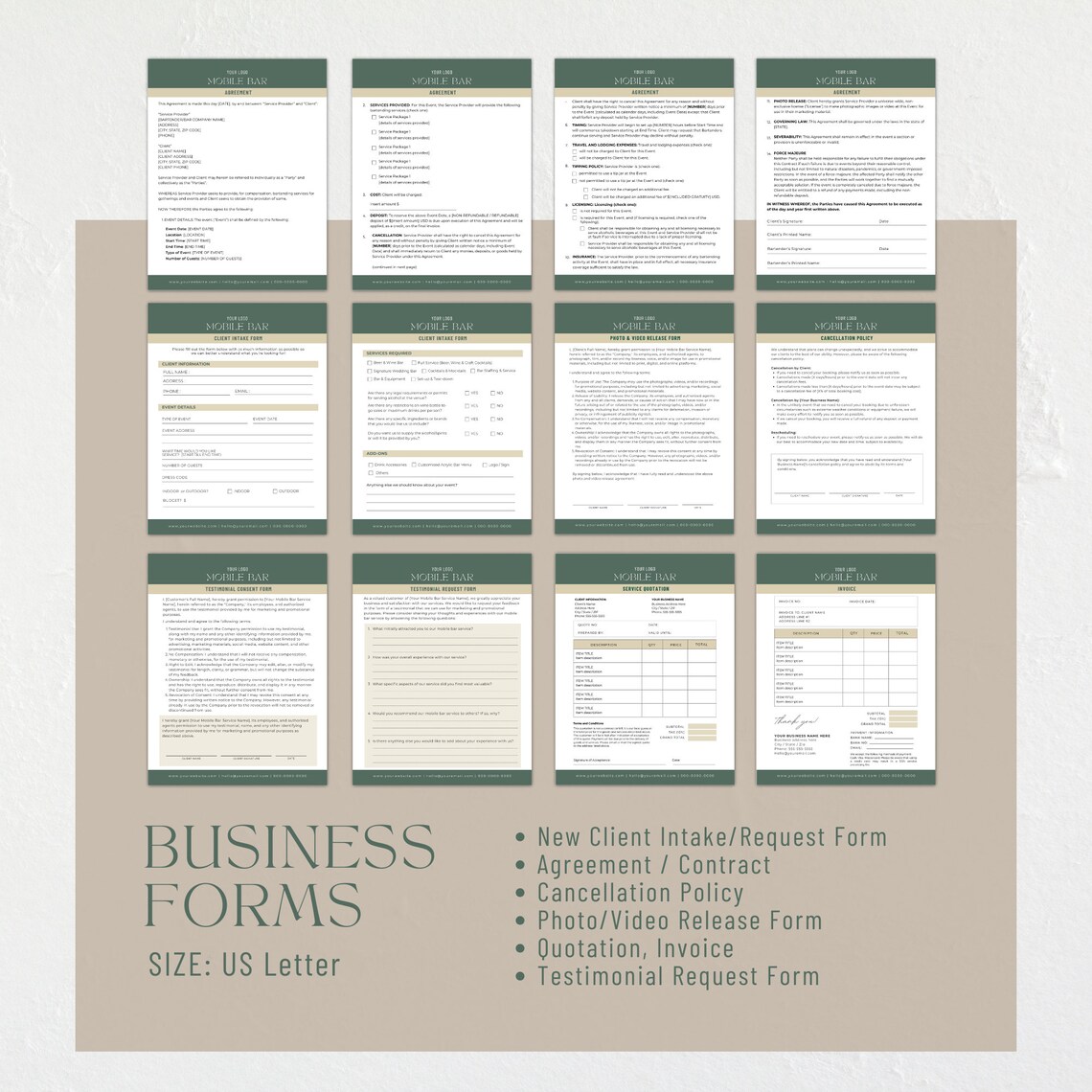Mobile Bar Business Canva Template Bundle, Bartender Forms (digital ...