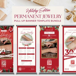 Puede incluir: Un conjunto de banners promocionales para joyería permanente, con un diseño rojo y blanco con temática navideña. Los banners anuncian un mercado navideño y un 30% de descuento en cadenas y dijes. El texto incluye "Holiday Edition" y "Permanent Jewelry".