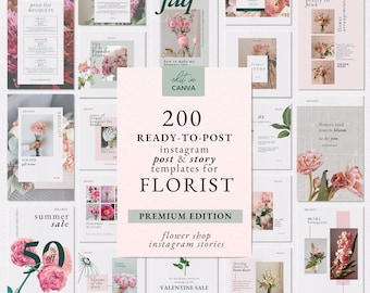 Flower Shop Instagram Post and Story Template with Caption, Flower Shop Instagram Template, Social Media Template for Flower Shop Business