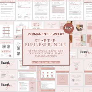 Puede incluir: Una colección de plantillas comerciales editables para joyería permanente, que incluye formularios, facturas, letreros, certificados de regalo, tarjetas, folletos y publicaciones de Instagram. Los documentos tienen un esquema de color rosa claro.