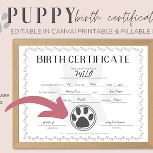 Minimalistische puppy geboorteakte afdrukbare hond geboorteakte bewerkbare, huisdier geboorteakte, fokker geboorteformulier, hond aandenken
