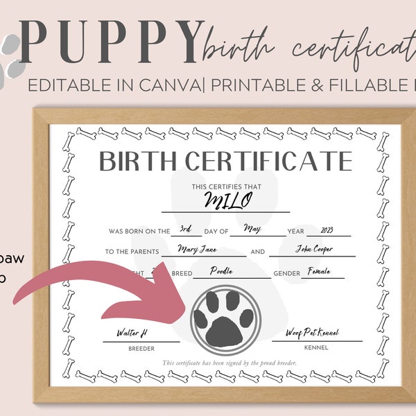 Minimalist Puppy Birth Certificate Printable Dog Birth Certificate Editable, Pet Birth Certificate, Breeder Birth Form, Dog Keepsake