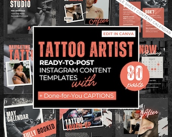 Tattoo Artist Instagram Post Templates, Editable Canva (80 Posts)