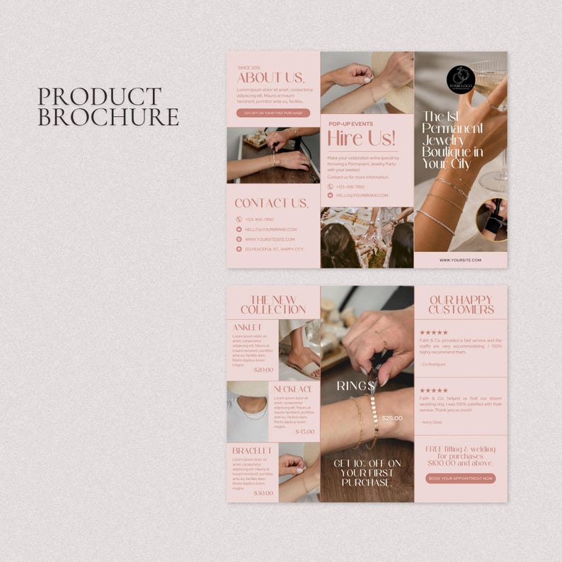 Puede incluir: Un folleto de producto de tres paneles con una paleta de colores rosa suave y secciones tituladas About Us, Hire Us, Contact Us, The New Collection y Our Happy Customers. El dise&ntilde;o incluye fotograf&iacute;as de joyas, pulseras y anillos en mu&ntilde;ecas.