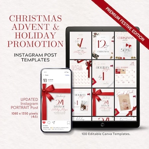 Christmas Social Media Posts, Advent Calendar Instagram, Holiday Instagram Canva Templates, Instagram Templates for Holiday Marketing, Red