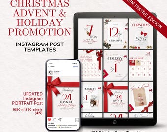 Christmas Social Media Posts, Advent Calendar Instagram, Red Holiday Instagram Canva Templates