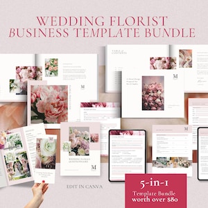 May include: A pink and white wedding florist business template bundle with the text "Wedding Florist Business Template Bundle" and "5-in-1 Template Bundle worth over $80". The bundle includes a table of contents, a floral price guide, a wedding floral questionnaire, and other documents.