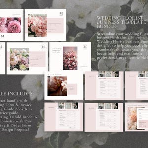 May include: A pink and white wedding florist business template bundle with floral designs. The bundle includes a contract, booking form, pricing guide, marketing brochure, questionnaire, order form, and floral design proposal.