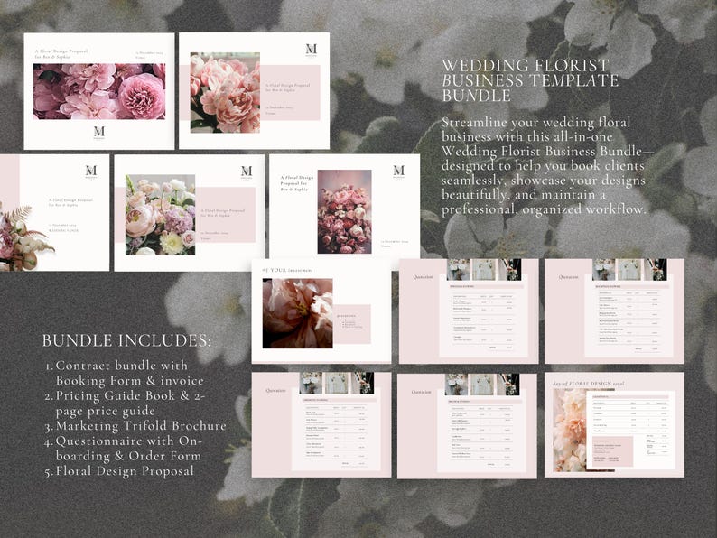 May include: A pink and white wedding florist business template bundle with floral designs. The bundle includes a contract, booking form, pricing guide, marketing brochure, questionnaire, order form, and floral design proposal.