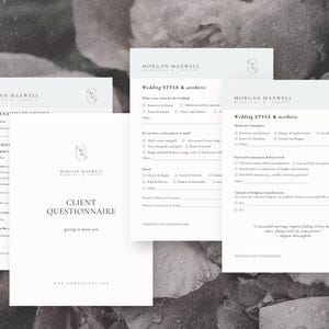 May include: A wedding planning questionnaire with sections for guest accommodations, wedding style and aesthetic, and cultural or religious considerations. The questionnaire is printed on white paper with a light blue border.