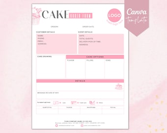 May include: A pink and white cake order form template with sections for customer and event details, cake options, and a cake drawing area. The form includes the text "CAKE ORDER FORM" and "Canva Template".