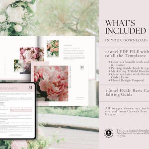 May include: A digital download for a floral design business includes a PDF file with templates for a contract, invoice, pricing guide, marketing brochure, questionnaire, order form, and floral design proposal. The download also includes a free Canva editing guide. The image shows a table of contents, a contract template, and a floral price guide.