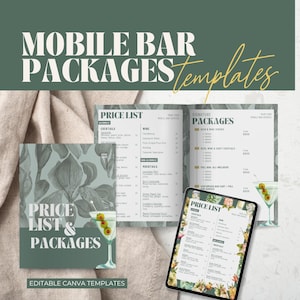 Modelli di pacchetti per bar mobili, modelli di prezzi e pacchetti per bar mobili modificabili, modelli Canva per baristi mobili e bar mobili