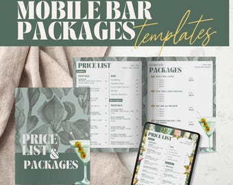 May include: Editable Canva templates for mobile bar packages. The templates feature a green and white color scheme with floral illustrations. The text on the templates includes "Price List & Packages", "Signature Packages", and "Price List".