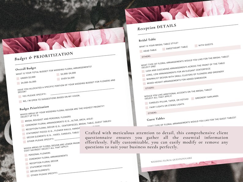 Reception Intake Questions Wedding Florist Questionnaire Template, Client Intake Form, Editable ...