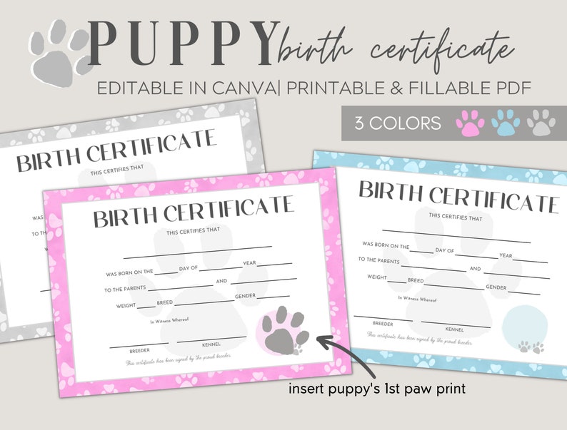 Puppy Birth Certificate Printable Dog Birth Certificate Editable, Pet ...
