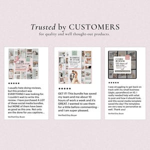 May include: Three Etsy shop reviews with five stars each. The reviews are for a wedding planner, a wedding planner, and a candle business planner. Each review includes a photo of the planner and a short description of the product.