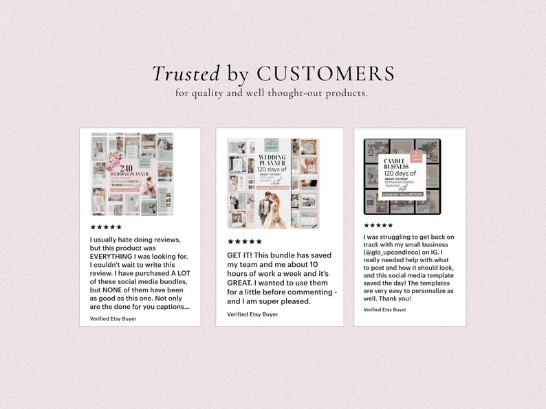 May include: Three Etsy shop reviews with five stars each. The reviews are for a wedding planner, a wedding planner, and a candle business planner. Each review includes a photo of the planner and a short description of the product.