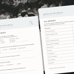 May include: A wedding budget planner with a table to list wedding expenses and their associated costs. The table includes categories such as venue, food, attire, flowers, photography, entertainment, stationery, transportation, guest accommodation, hair and makeup, and honeymoon.