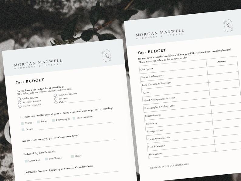 May include: A wedding budget planner with a table to list wedding expenses and their associated costs. The table includes categories such as venue, food, attire, flowers, photography, entertainment, stationery, transportation, guest accommodation, hair and makeup, and honeymoon.