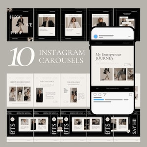 Puede incluir: Un conjunto de plantillas digitales para 10 carruseles de Instagram con un esquema de color en blanco y negro. El diseño incluye encabezados de texto como How We Help, Clarity, Strategy, Implementation, Client Success Story, The Challenge y My Entrepreneur Journey.