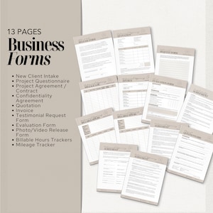 Puede incluir: Un conjunto de 13 formularios comerciales, incluyendo formularios de admisi&oacute;n de clientes, acuerdos de proyecto y facturas. Los formularios est&aacute;n impresos en papel blanco con un borde beige. El texto "Business Forms" es visible.