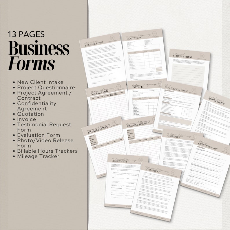 Puede incluir: Un conjunto de 13 formularios comerciales, incluyendo formularios de admisi&oacute;n de clientes, acuerdos de proyecto y facturas. Los formularios est&aacute;n impresos en papel blanco con un borde beige. El texto "Business Forms" es visible.