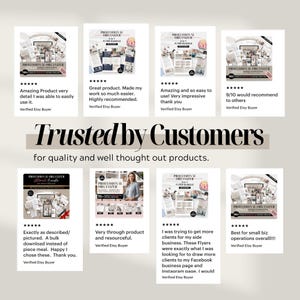 Puede incluir: Un collage de ocho rese&ntilde;as de productos de clientes de Etsy. Las rese&ntilde;as se muestran sobre fondos blancos con texto y calificaciones por estrellas. La frase "Trusted by Customers" se muestra en una fuente grande, con el lema "for quality and well thought out products."