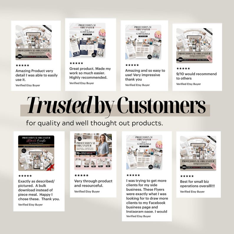 Puede incluir: Un collage de ocho rese&ntilde;as de productos de clientes de Etsy. Las rese&ntilde;as se muestran sobre fondos blancos con texto y calificaciones por estrellas. La frase "Trusted by Customers" se muestra en una fuente grande, con el lema "for quality and well thought out products."