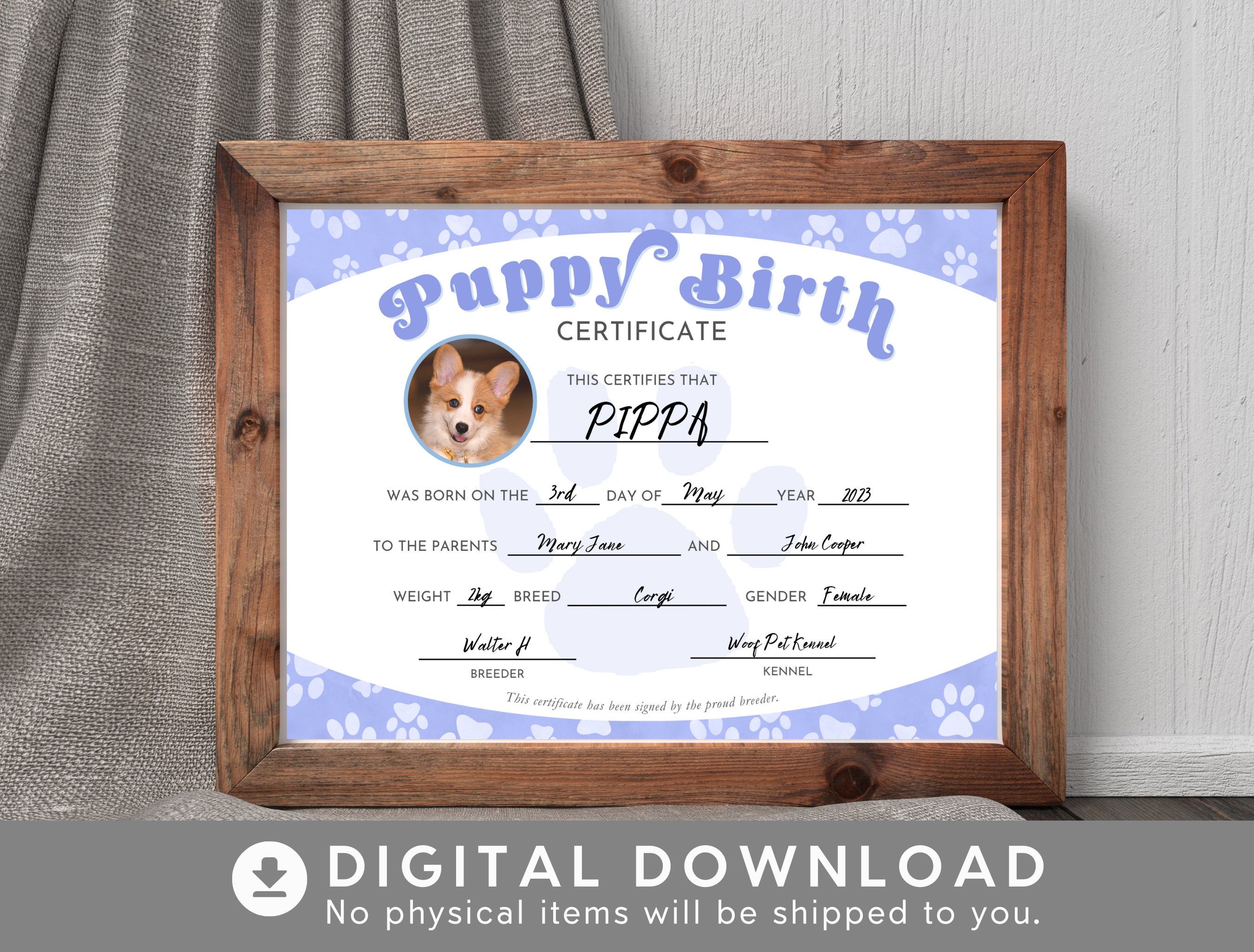 Printable Puppy Birth Certificate Dog Birth Certificate - Etsy