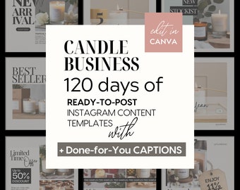 May include: A collage of images promoting a candle business with the text "CANDLE BUSINESS 120 days of READY-TO-POST INSTAGRAM CONTENT TEMPLATES with + Done-for-You CAPTIONS". The images show various candles, a pop-up store, and a November special.